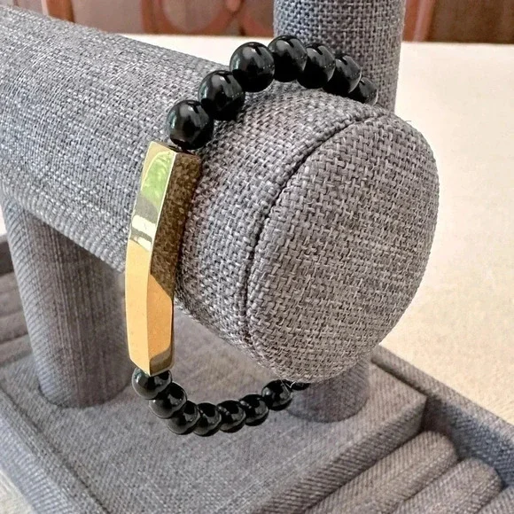 Genuine Onyx Beaded 18k PVD Stainless Steel Bar Stretch Bracelet Waterproof - Picture 3 of 5